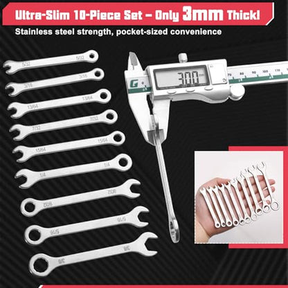 10PCS Super-Thin Mini Wrench Set Standard SAE 5/32"-7/16" Ultra-Slim Ignition Wrenches Open End and Box End Combination Wrench Set for Tight Spaces, Circle Ring, Gate Clip in Pouch - size: Ultra-Thin SAE