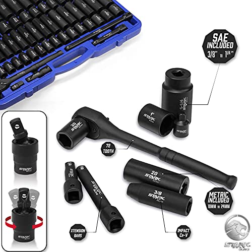 Stark USA 1/2" Drive Master Impact Socket Set, 65 Piece, Standard SAE (3/8"-1-1/4") & Metric (10-24 mm) Sizes, Deep & Shallow Kit, Includes Adapters & Ratchet Handle - style: 65pcs SAE/Metric Impact Socket Set