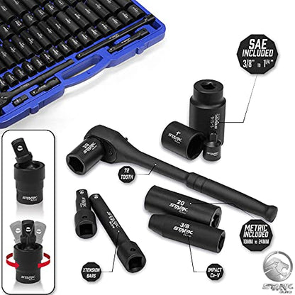 Stark USA 1/2" Drive Master Impact Socket Set, 65 Piece, Standard SAE (3/8"-1-1/4") & Metric (10-24 mm) Sizes, Deep & Shallow Kit, Includes Adapters & Ratchet Handle - style: 65pcs SAE/Metric Impact Socket Set