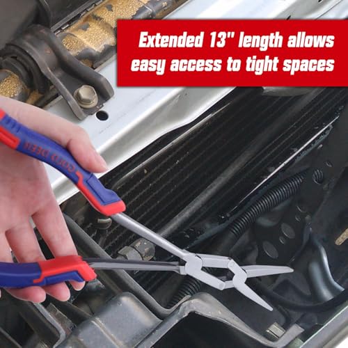 13Inch Double-Joint Flat Plier Long Reach Flat Nose Plier Serrated Jaw Dual Pivot Pliers Extra Long Reach Compound Action Pliers for Hard to Reach Narrow Spaces - style: Flat Nose