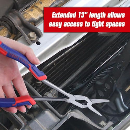 13Inch Double-Joint Flat Plier Long Reach Flat Nose Plier Serrated Jaw Dual Pivot Pliers Extra Long Reach Compound Action Pliers for Hard to Reach Narrow Spaces - style: Flat Nose
