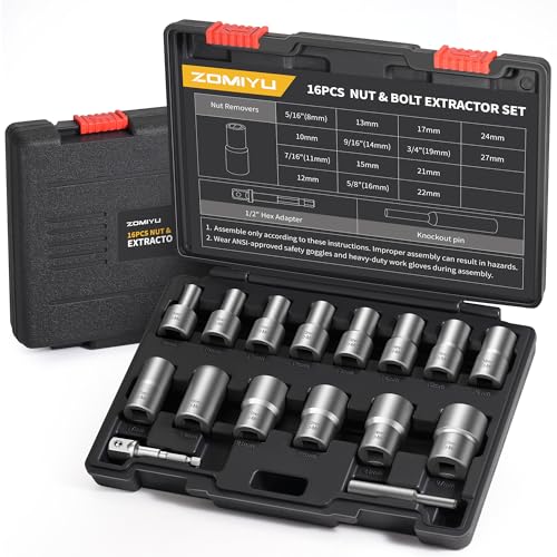 16-Piece Bolt Extractor Kit, 1/2" Drive Impact Lug Nut Removal Set | 14 metric sizes (8mm to 27mm), Cr-Mo steel with grey phosphate coating, 1/2" drive, Reverse spiral flutes - size: 16Pcs