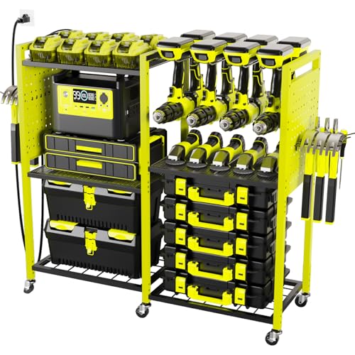 Heavy-Duty Power Tools Organizer Cart with Charging Power Strip, 6-Tier Rolling Utility Cart with 8 Hooks and 6 Load-Bearing Wheels, Garage Tool Storage Rack for Workshop for Men - color: Green