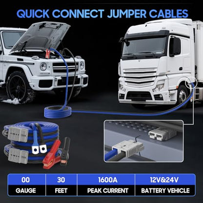 Heavy Duty Jumper Cables - 2/0 Gauge 30 Feet 1600Amp Automotive Booster Jumper Cables with 350A Battery Quick Connect and Permanent Installation kit for Car, SUV and Trucks Battery - (SB350 Gray) - size: 00 Gauge 30FT（SB350）