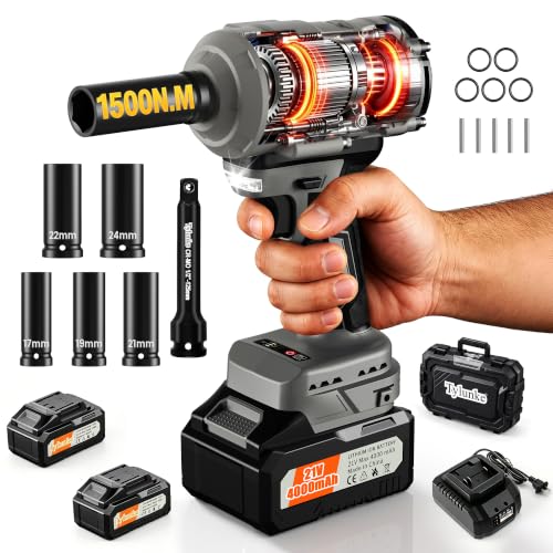 1/2" Cordless Impact Wrench,21V Heavy Duty Electric Impact Gun 1500N.m High Torque Brushless,3-Speed Reverse Brake,2-Pack 4.0Ah Batteries & Charger,for Car Truck Tire Repair Construction-Grey - color: Grey