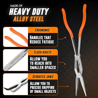 Mutt Tools 13 Inch Long Needle Nose Pliers Extra Long Reach Set | 13 Inch, Needle Nose, CRV Steel, Serrated Tips, Long Reach