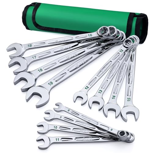 SK Combination Wrench Set, Metric 8 to 19mm, 12-Piece, SuperKrome Finish, Premium CR-V Construction, with Rolling Pouch - size: Metric
