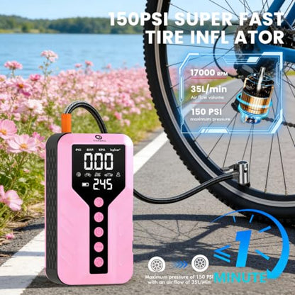 Jump Starter with Air Compressor for All-Terrain Vehicles, Deep Pink, Lithium Ion, 12 Volts, 6000 Amps Peak, 25000mAh - color: Deep Pink