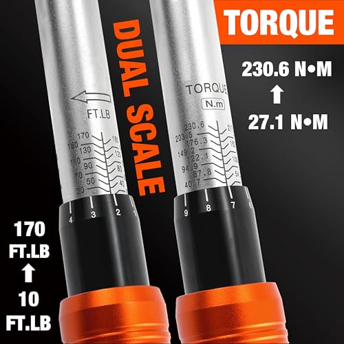 Vanquish 1/2-inch Drive Torque Wrench with 5" Extension Bar and 1/2" to 3/8" Adapter, 72-tooth, 20-170 FT.LB/27.1-230.6 Nm, ±3% High Precision, 1600AM - size: 1/2-inch Drive
