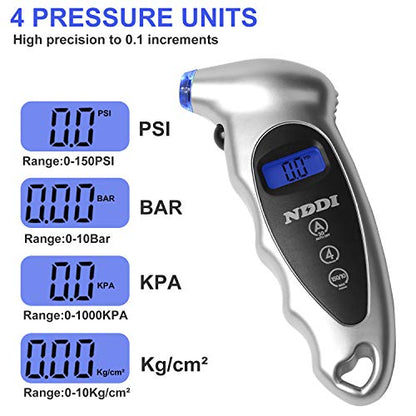 NDDI 2 Pack Digital Tire Pressure Gauge, 150 PSI 4 Settings Car Truck Bicycle Backlit LCD Non-Slip Grip, Gray and Red.