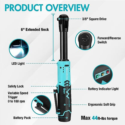 DURATECH Extended Cordless Ratchet Wrench, 3/8" 12V 44 Ft-Lbs Long Neck Electric Ratchet Wrench with 2-Pack 2.0Ah Li-Ion Battery, 1 Hour Fast Charger, 10 Sockets Accessories & Variable Speed Trigger - style: Extended Head