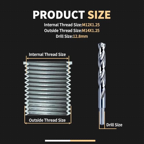 M12x1.25 Thread Repair Kit with Insert HSS Drill, Tap, Counterbore, Installation Driver, Metric, 10PCS Stainless Steel Insert M12X1.25X15MM