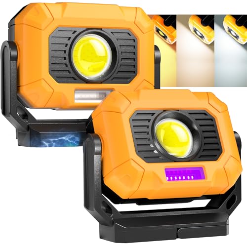 Adelante 2 Pack Magnetic Work Lights, 1500LM Rechargeable Mechanic Lights | 3 color temperatures, 12 modes, UV Light, 4000mAh, 360° stand, hook, 1/4 in tripod mount, mechanics, car repair, outages