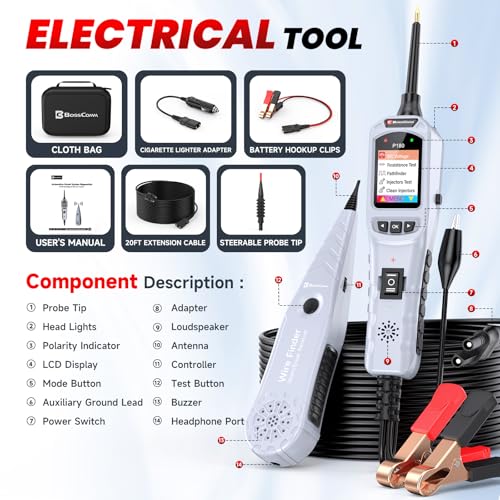 2026 BOSSCOMM P180 Automotive Probe Tester | 9-30V Power Probe, Wire Tracer, AC/DC Voltage/Diode/Resistance/Relay/Fuse Test, Battery/Fuel Injector Tester, 40FT Cable