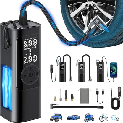 FamilyKit Tire Inflator Portable Air Compressor – 6000mAh 150 PSI Cordless Air Pump, Fast Inflation 24L/Min, 4 Preset Modes & 12V DC, Pressure Gauge Display, LED Light for Car, Bike, Motorcycle, Balls