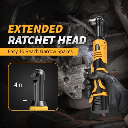 FULLYEA 3/8" Cordless Electric Ratchet Wrench Set, 550RPM, 40Ft-lbs, 16.8V Extended Power Ratchet Tool Kit with Variable Speed, 1/4" Adapter, 3" Extension Bar, 2*2.0Ah Battery and Fast Charger(Yellow)