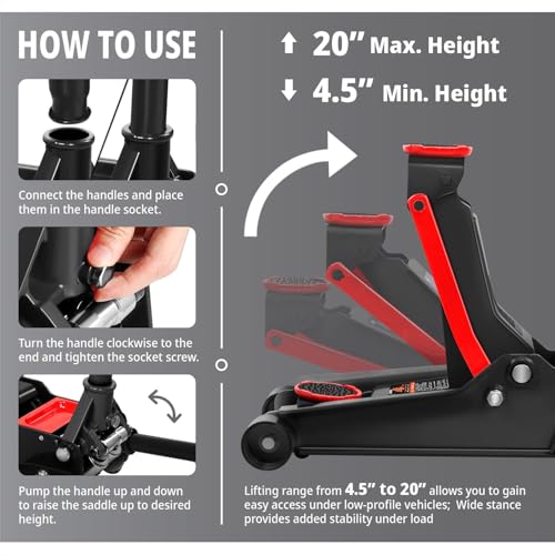 DNA Motoring Floor Jack 4 Ton (8000 lbs) Capacity, Fast Lift Low Profile Hydraulic Trolley Jack, Steel Heavy-Duty Service Car Jack, Lifting Range 4.5"-20", Black, TOOLS-00308-BK - color: Black, style: 4 ton