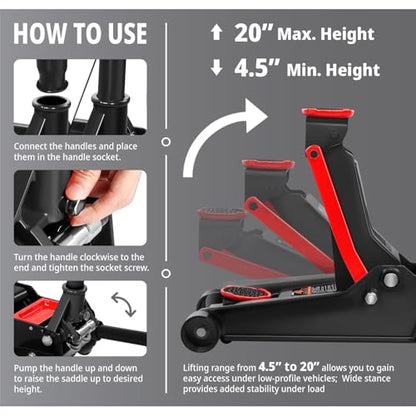 DNA Motoring Floor Jack 4 Ton (8000 lbs) Capacity, Fast Lift Low Profile Hydraulic Trolley Jack, Steel Heavy-Duty Service Car Jack, Lifting Range 4.5"-20", Black, TOOLS-00308-BK - color: Black, style: 4 ton