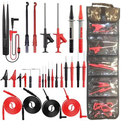 28PCS Multimeter Test Leads Kit with 6 Pockets Roll Up Tool Bag, Replaceable Wire Piercing Probes, Alligator Clips, Test Hook Clips, Test Tweezer for Digital Electrical Multimeter Testing