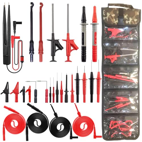 28PCS Multimeter Test Leads Kit with 6 Pockets Roll Up Tool Bag, Replaceable Wire Piercing Probes, Alligator Clips, Test Hook Clips, Test Tweezer for Digital Electrical Multimeter Testing