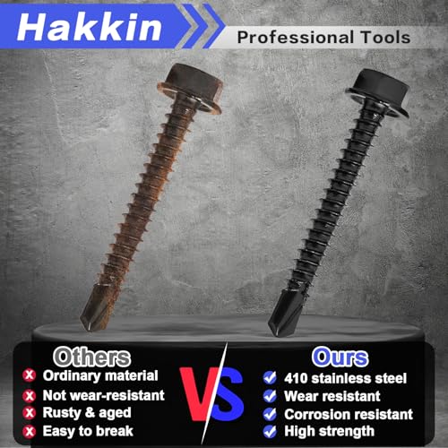 #8#10#14 470Pcs Self Drilling Screws for Metal, Hakkin Self Tapping Tek Screw Assortment Kit, Black Oxide 410 Stainless Steel Sheet Metal Screws Hex Washer Head 1/2" 3/4" 1" 1-1/2", Socket Included - size: 470PCS #8 #10 #14 Self Drilling Screws Black