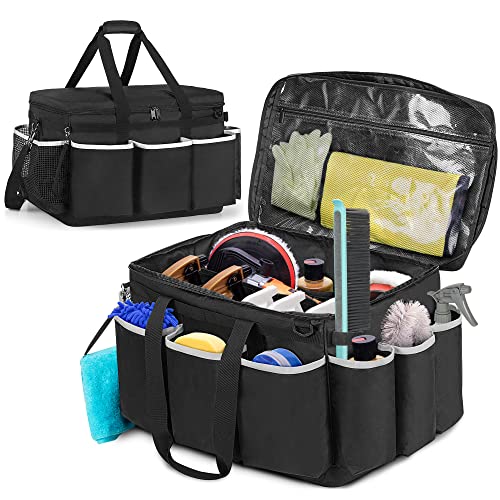 HODRANT Extra-Large Detailing Bag with Waterproof EVA Hard Bottom | Detail Supplies Organizer for Polisher, Bottles & Detailing Kit, Car Care Tools Tote with Lid & Shoulder Strap, Patent Design