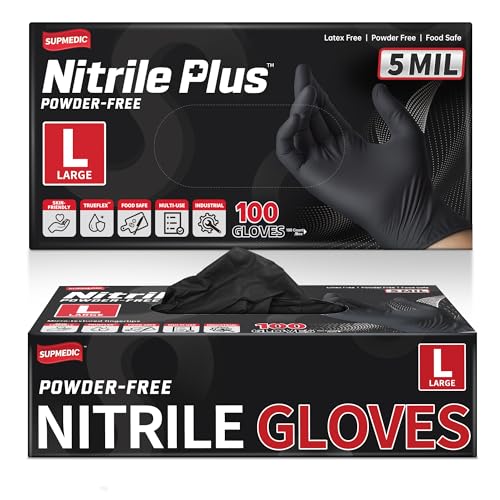 Supmedic Nitrile+ Disposable Gloves, 5Mil Chemical Resistant Powder-Free Latex-Free Glove Exam Cook Tattoo, Black Blue 100Pcs - color: (Black) Large
