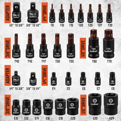 HORUSDY 31Pcs Torx Bit Socket Set,14 Star Bits (T8-T70) and 12 Female E-Torx Sockets (E4-E24), 4 Impact Socket Adapter Set with High Torque Laser Marked for Automotive Mechanic - style: 31PC Torx/Star Set