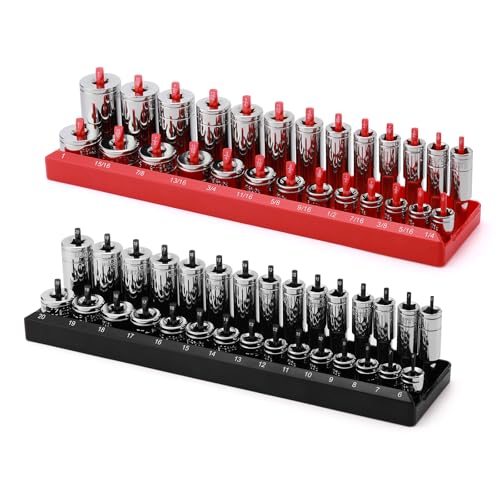 3/8-Inch Drive Socket Organizer Trays, 2-Piece SAE and Metric Socket Tray Set, Deep and Standard Socket Holders Organizers for Toolbox, Black & Red - size: 3/8-Inch Drive SAE and METRIC