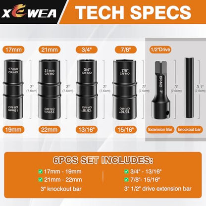 6PCS Thin Wall Lug Nut Impact Socket Set, XEWEA 1/2" Drive Impact Flip Socket Set, 8 in 1 Dual End Wheel Tire Nut Sockets Metric 17 19 21 22 mm & SAE 3/4" 13/16" 7/8" 15/16", Impact CR-MO Tool - size: 4+2 Set