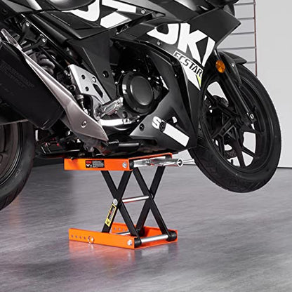 VEVOR Motorcycle Lift, 1100 LBS Motorcycle Scissor Lift Jack with Wide Deck & Safety Pin, 3.7"-13.8" Center Hoist Crank Stand, Steel Scissor Jack for Street Bikes, Cruiser Bikes, Touring Motorcycles | Steel Scissor Jack with Lock Pin, 3.7"-13.8" Center Ho