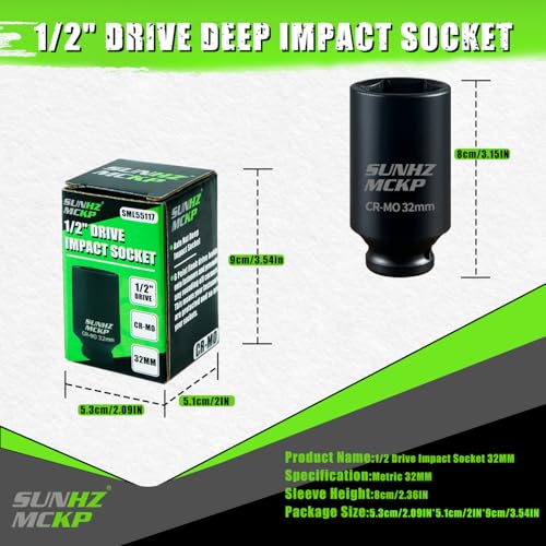 SUNHZ MCKP 32 mm Impact Socket | Metric 1/2 In Drive Axle Nut Socket | 6 Point Design | Deep Well Hub | Chrome Molybdenum Steel | Axle Shaft Nut Remover - color: Metric, size: 32 mm