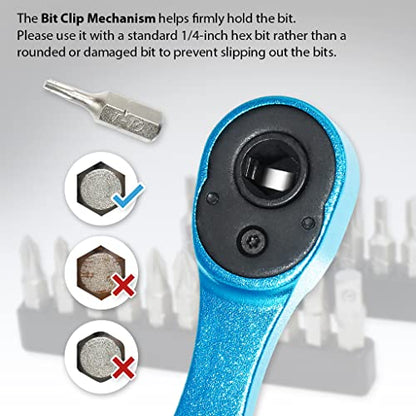 FIRSTINFO Low-Profile 1/4-Inch Hex Bit Mini Ratchet Wrench, 72-Tooth | Bit clip retention • Lightweight • 5° swing arc • 37.5 ft-lb max torque • Made in Taiwan - style: For Bit