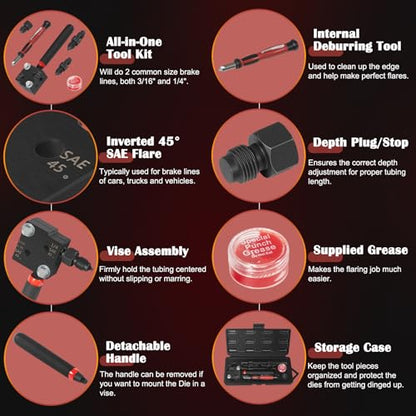 Bonbo 33260 Single/Double Flaring Tools Kit Fits for 3/16" and 1/4" Tubing on Most Vehicles - Brake Lines in Tight Spaces