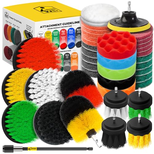 Holikme 40 Piece Drill Brush Attachment Set Scrub Pads Scouring Pads Power Scrubber Brush with Extend Long Attachment All Purpose Clean for Car Detailing，Grout, Tiles, Bathroom, Kitchen