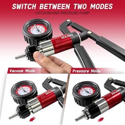 Handheld Vacuum Pump Brake Bleeder Kit, Multi-Functional Vacuum & Pressure Tester Set with Gauge, Hoses, Adapters and Fluid Reservoirs, for Automotive Brake, Clutch and Fluid Extraction ((23PC-Red))
