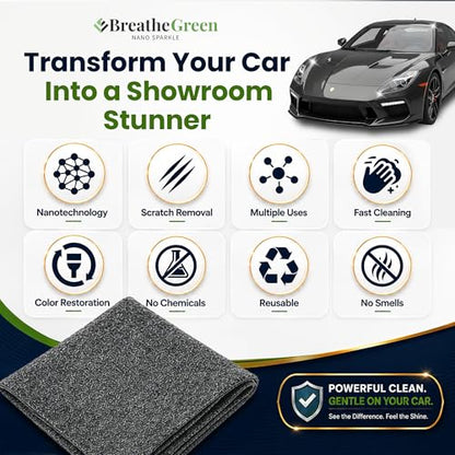 Breathe Green Nano Sparkle Cloth Car Scratch Remover, Advanced Nanotech | Reusable Nanosparkle Cloth for Car Scratches, Repair and Buffer, Nanotechnology Safe for All Cars, Colors & Clear Coats