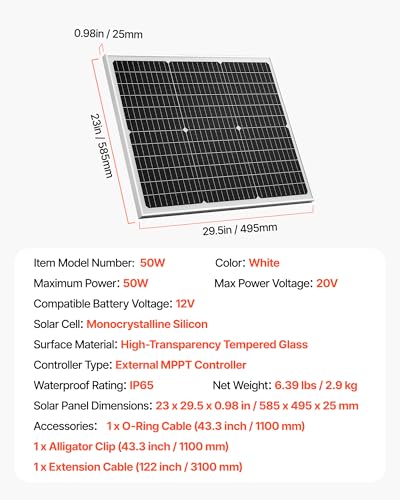 VEVOR 50W 12V Solar Battery Charger Maintainer, Mono Solar Panel Trickle Battery Charger with Upgraded MPPT Controller, IP65 Waterproof for Car Boat RV Trailer Flat Rooftop (Bracket Not Included)