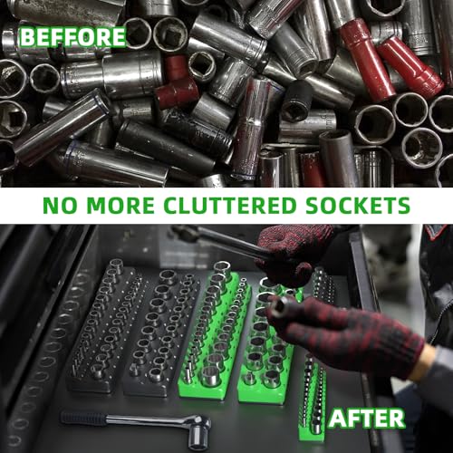 Magnetic Socket Organizer Holder Set For Tool Box Drawer, Toolbox Organization Including 1/4", 3/8" and 1/2" Drive Metric SAE Socket Trays (Sockets are not Included) - color: Green+Black