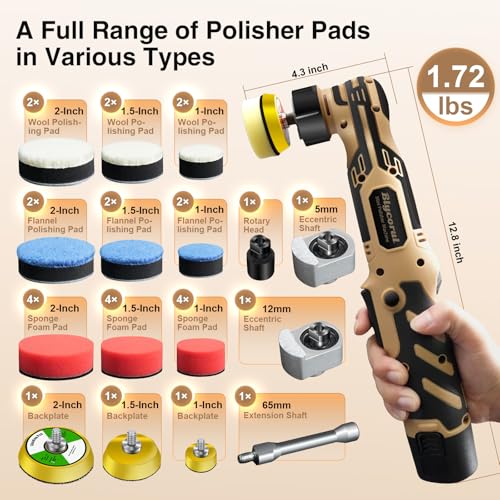 Cordless Mini Polisher,1/1.5/2Inch,DA&RO with 11 Variable Speed 2500-6000 RPM,2.3Ah Rechargeable Battery,Car Detailing Micro Polisher - style: 1*Battery Kit