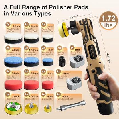 Cordless Mini Polisher,1/1.5/2Inch,DA&RO with 11 Variable Speed 2500-6000 RPM,2.3Ah Rechargeable Battery,Car Detailing Micro Polisher - style: 1*Battery Kit