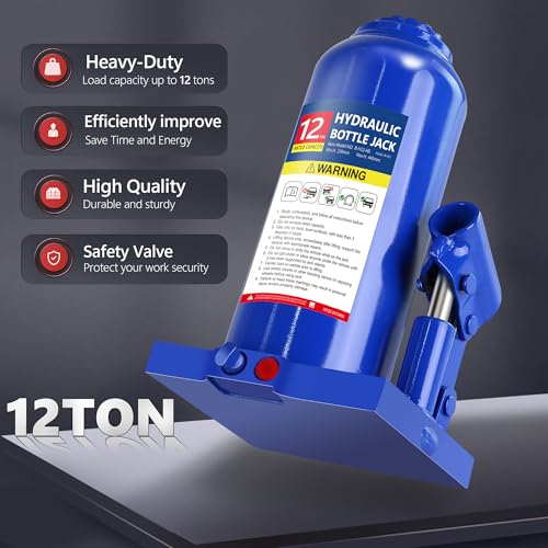12T Hydraulic Bottle Jack, 24,000 lbs, with Tire Kit | Heavy-duty jack for trucks, RVs, machinery. 9.06"-17.32" lift. Case included. - color: 12 Ton Basic with Tire Repair Kit