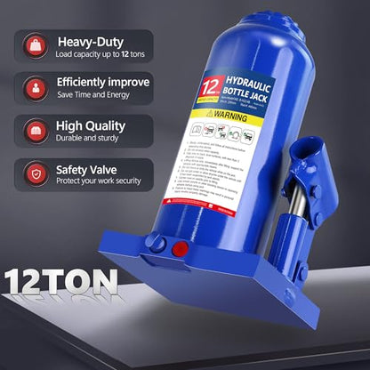 12T Hydraulic Bottle Jack, 24,000 lbs, with Tire Kit | Heavy-duty jack for trucks, RVs, machinery. 9.06"-17.32" lift. Case included. - color: 12 Ton Basic with Tire Repair Kit