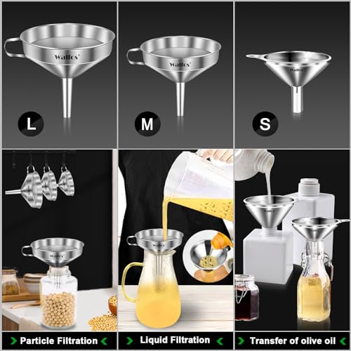Stainless Steel Funnel, Walfos 3 Different Sizes of Kitchen funnels with 2 Removable Strainer ＆ 1Pcs Cleaning Brush, for Transferring of Liquid, Oils, Jam, Powder - color: 3pcs 5in+4in+3in