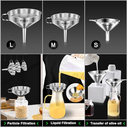 Stainless Steel Funnel, Walfos 3 Different Sizes of Kitchen funnels with 2 Removable Strainer ＆ 1Pcs Cleaning Brush, for Transferring of Liquid, Oils, Jam, Powder - color: 3pcs 5in+4in+3in