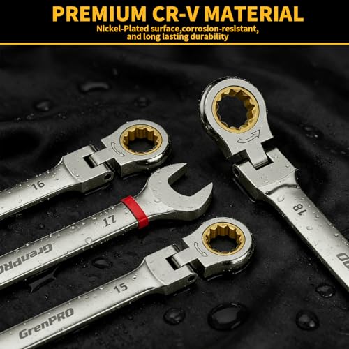 GRENPRO 23PCS Flex-Head Ratcheting Wrench Set, Combination Ratchet Wrenches Set Metric and Standard & SAE with Organizer Box, 6-18mm & 1/4" to 3/4" with Color Ring, Nickel Plating Socket Mechanic Tool - style: 23PCS Nickel Flex-Head Ratcheting Wrench Set