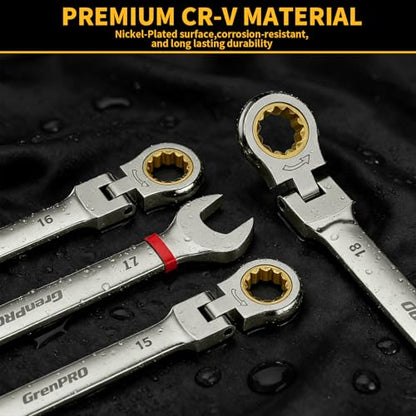 GRENPRO 23PCS Flex-Head Ratcheting Wrench Set, Combination Ratchet Wrenches Set Metric and Standard & SAE with Organizer Box, 6-18mm & 1/4" to 3/4" with Color Ring, Nickel Plating Socket Mechanic Tool - style: 23PCS Nickel Flex-Head Ratcheting Wrench Set
