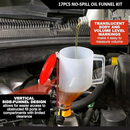 VCC 17-Piece No-Spill Oil Funnel Kit, 1.5QT Engine Oil Change & Refill Funnel with 12 Threaded Adapters, Leak-Proof Oil Filling Tool for Cars, Trucks, SUVs, Motorcycles & ATVs