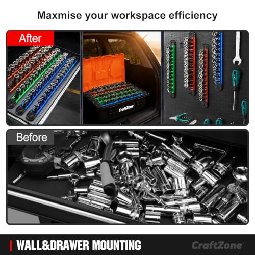 Magnetic Socket Organizer Set | 1/4" 3/8" 1/2" Socket Rail with 120 Clips | 9PCS Aluminum Alloy Socket Holder | Ratchet Organizer & Socket Organizer for Tool Box Drawer|Garage and Tool Cart - size: 9 PCS
