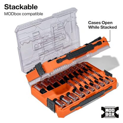 Klein Tools 65233HEX Hex Bit Socket Set, 1/4, 3/8, 1/2-Inch Drives, Knurled, SAE (5/64 to 3/4 inch) and Metric (2 to 19mm) with MODbox Case, 32-Piece - style: SAE & Metric